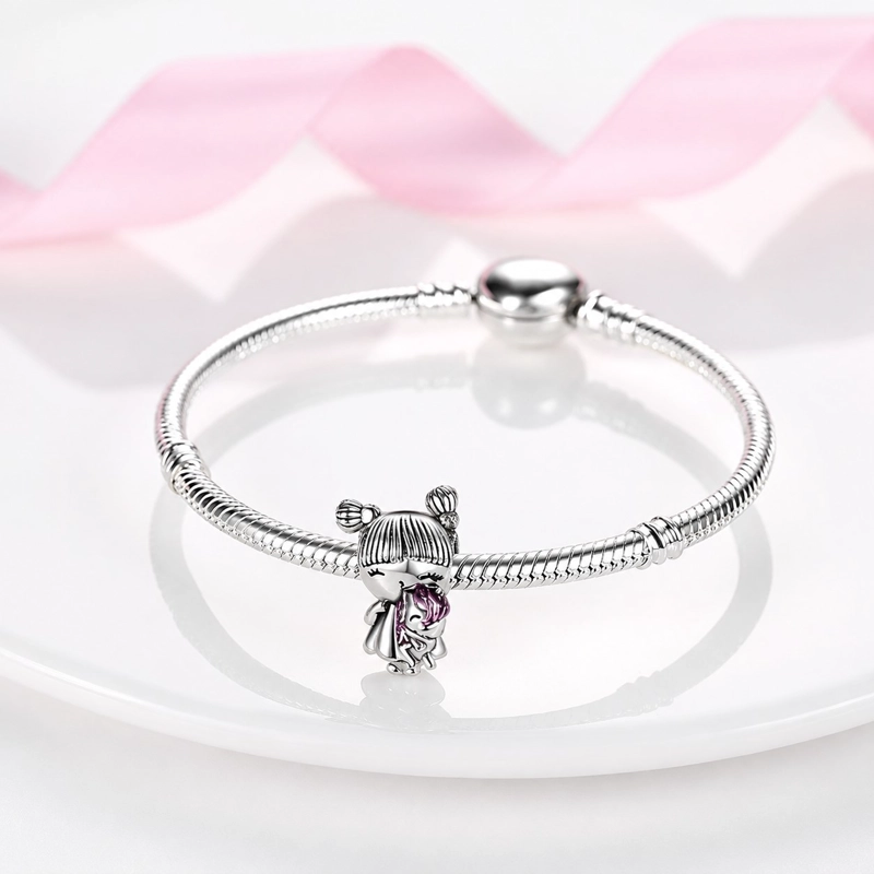 CHARM DIJE PLATA 925 NIÑA CON PELUCHE UNICORNIO - 2