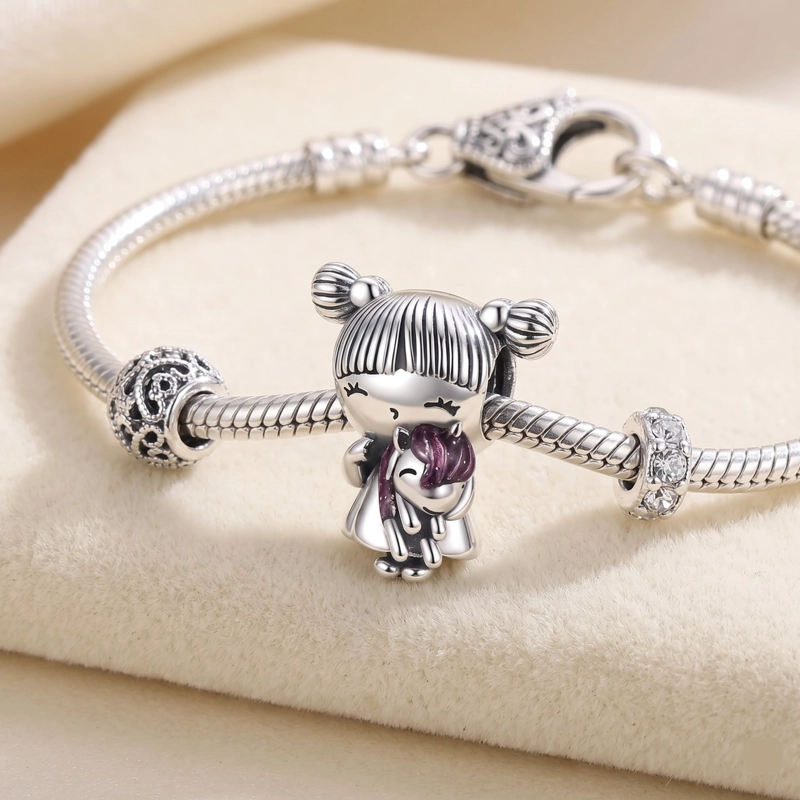 CHARM DIJE PLATA 925 NIÑA CON PELUCHE UNICORNIO - 3