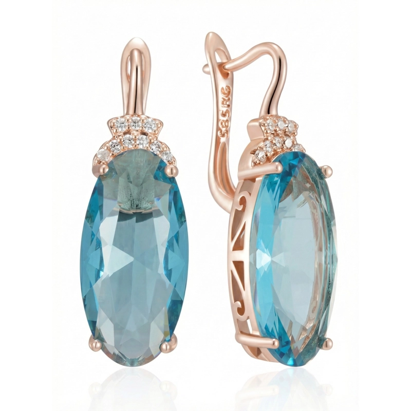 AROS COLGANTES CRISTAL AZUL Y CIRCONES DORADO ROSA - 1