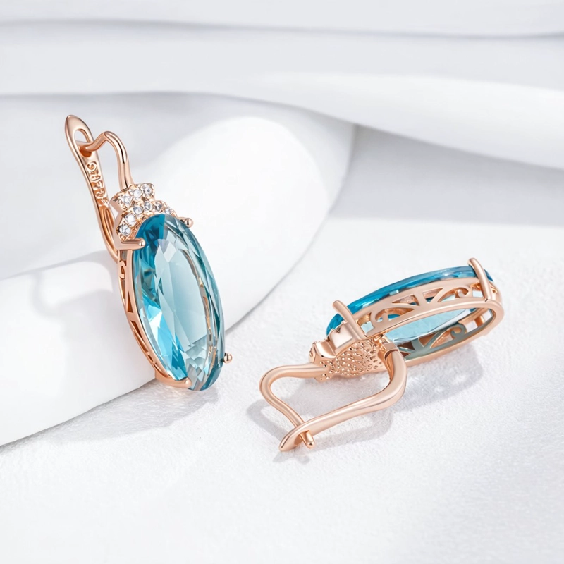 AROS COLGANTES CRISTAL AZUL Y CIRCONES DORADO ROSA - 3