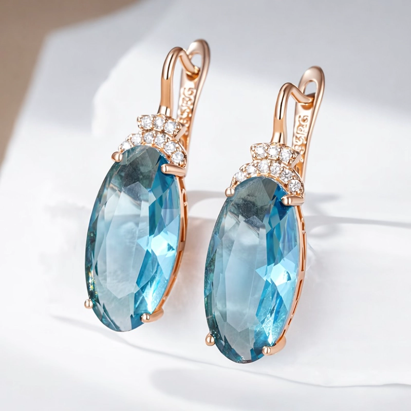 AROS COLGANTES CRISTAL AZUL Y CIRCONES DORADO ROSA - 4