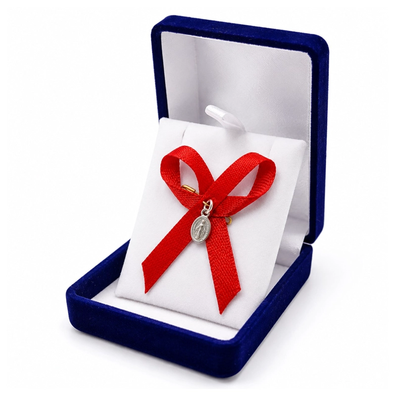 MEDALLA PLATA 925 VIRGEN MILAGROSA BEBE CINTA ROJA - 1