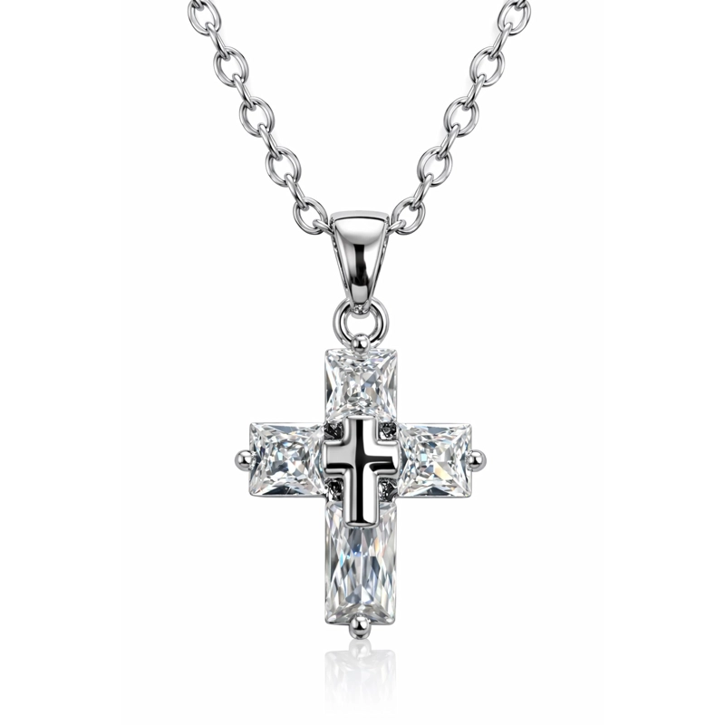 COLLAR MINI CRUZ CRISTAL BLANCO Y ACERO PLATEADA - 1