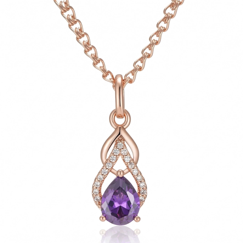 COLLAR GOTA CRISTAL MORADO Y CIRCONES DORADO ROSA - 1