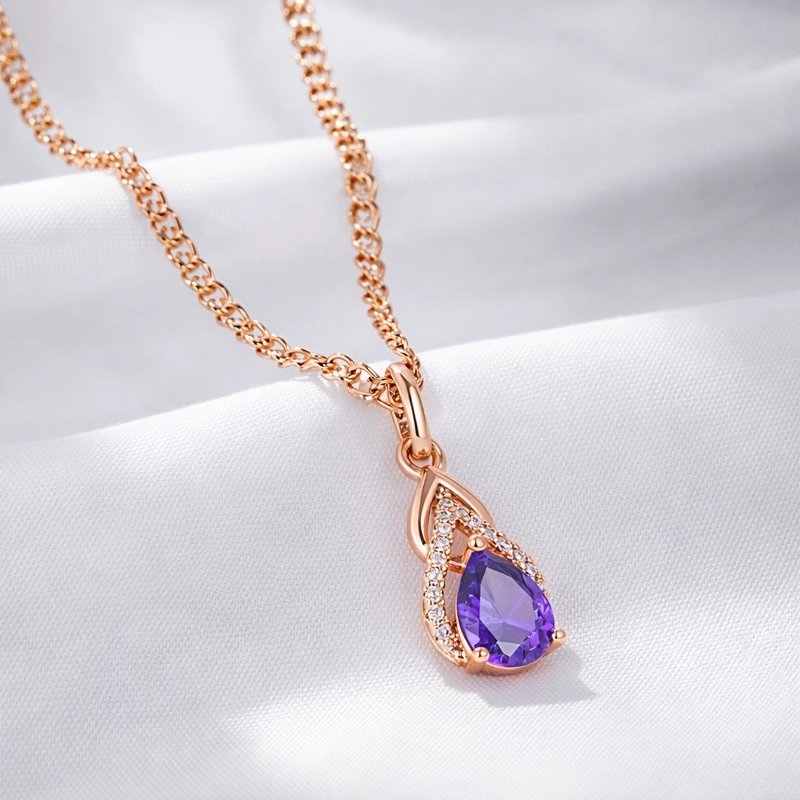 COLLAR GOTA CRISTAL MORADO Y CIRCONES DORADO ROSA - 4