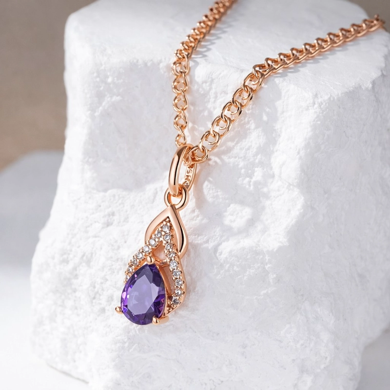 COLLAR GOTA CRISTAL MORADO Y CIRCONES DORADO ROSA - 5