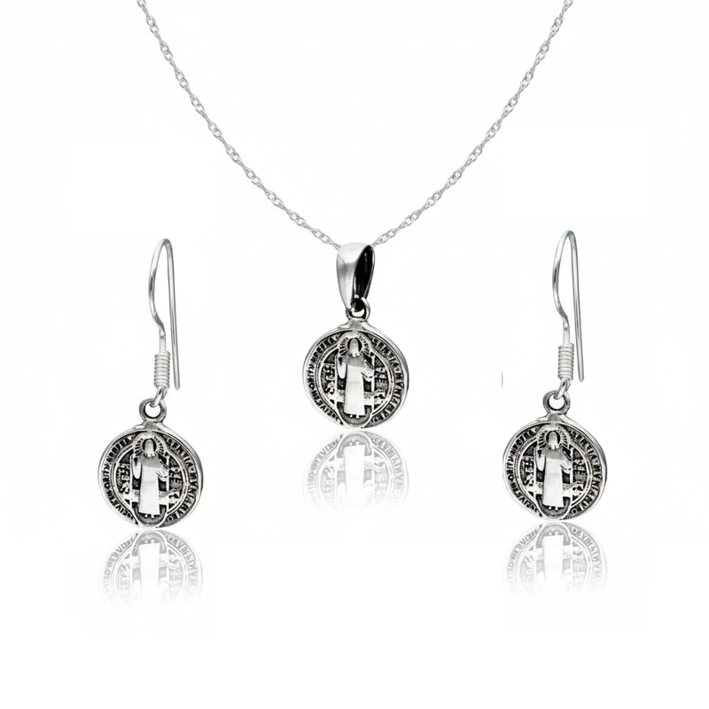 CONJUNTO PLATA 925 MEDALLAS SAN BENITO PROTECTOR - 1