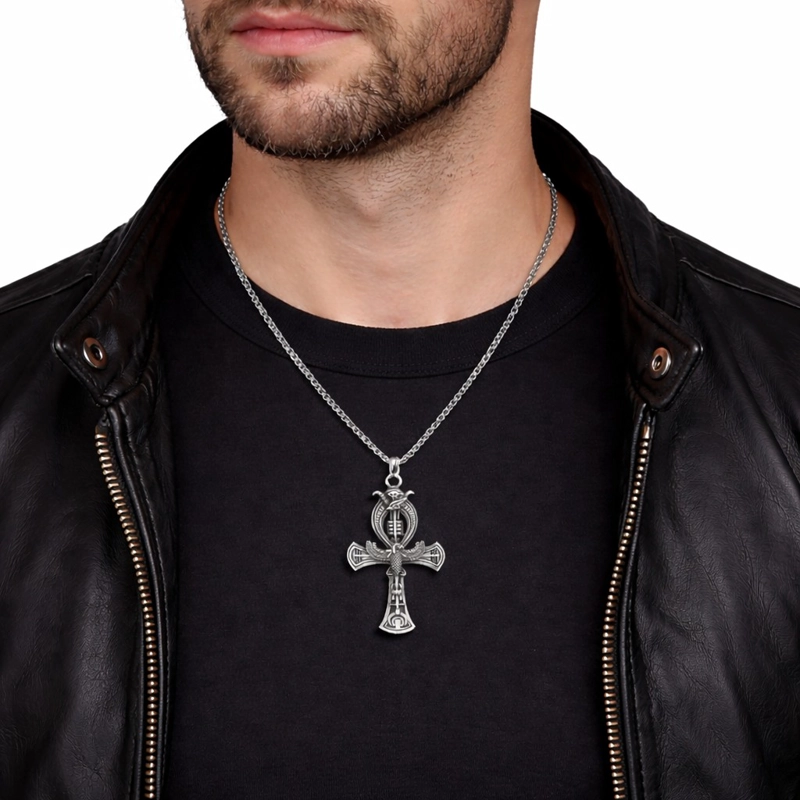COLLAR CRUZ EGIPCIA ANKH OJO DE HORUS CADENA ACERO 60CM - 2