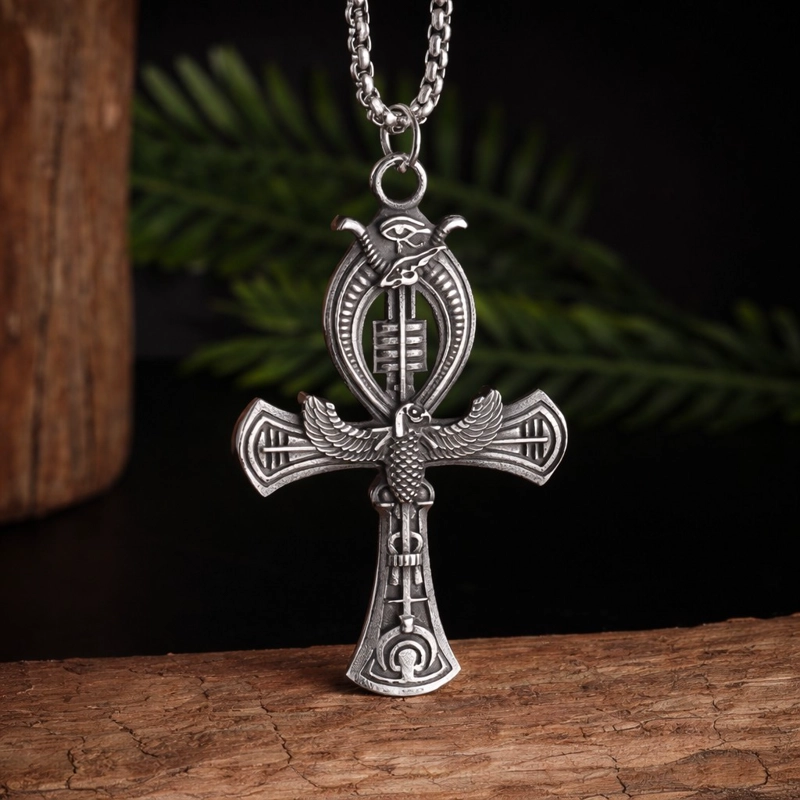 COLLAR CRUZ EGIPCIA ANKH OJO DE HORUS CADENA ACERO 60CM - 3