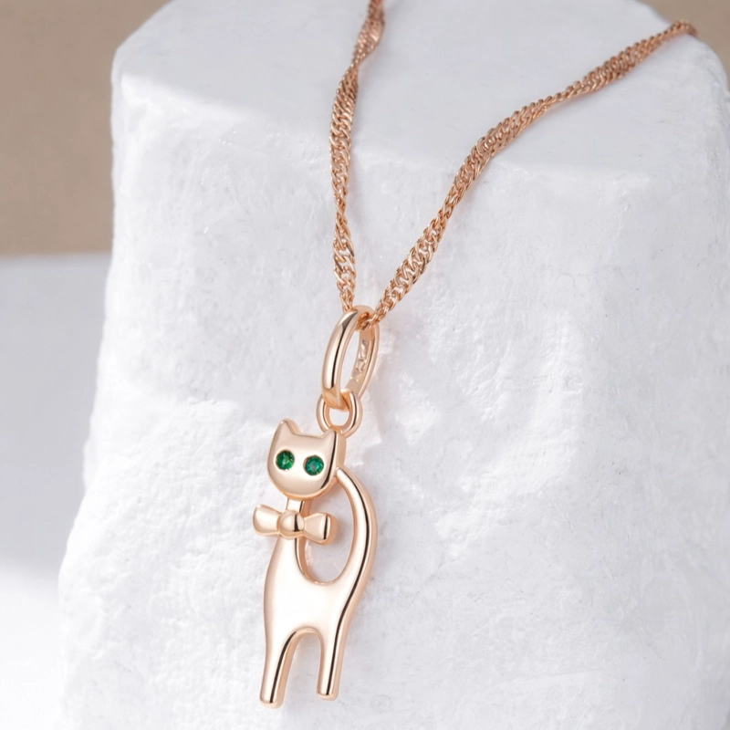 COLLAR GATITO ELEGANTE OJOS VERDES DORADO ROSA - 5