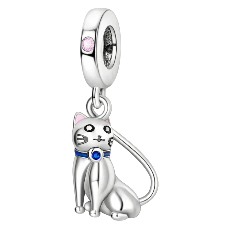 CHARM DIJE PLATA 925 GATO SENTADO COLLAR AZUL - 1