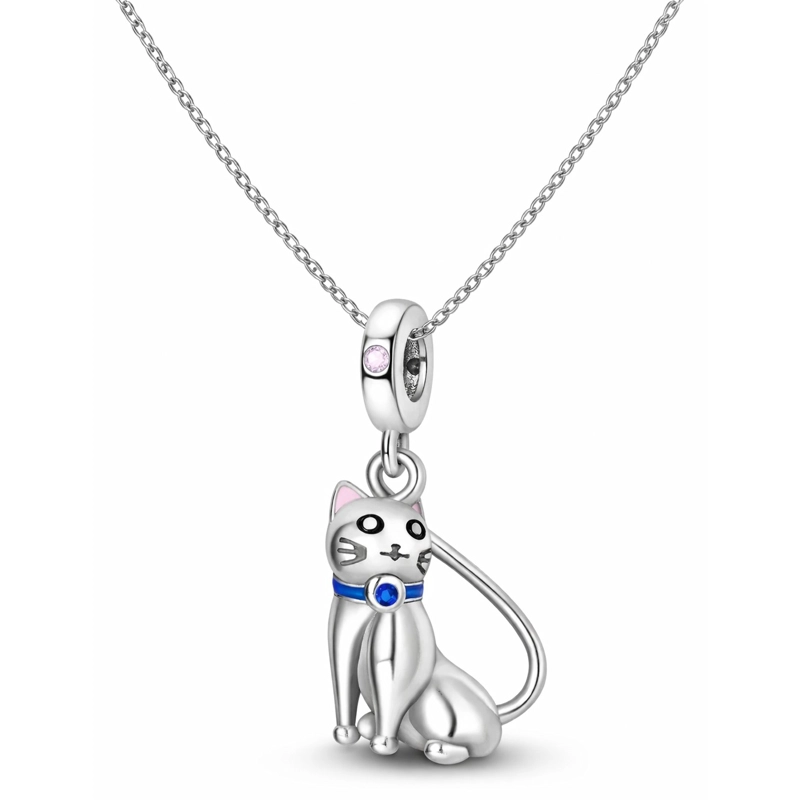 CHARM DIJE PLATA 925 GATO SENTADO COLLAR AZUL - 2