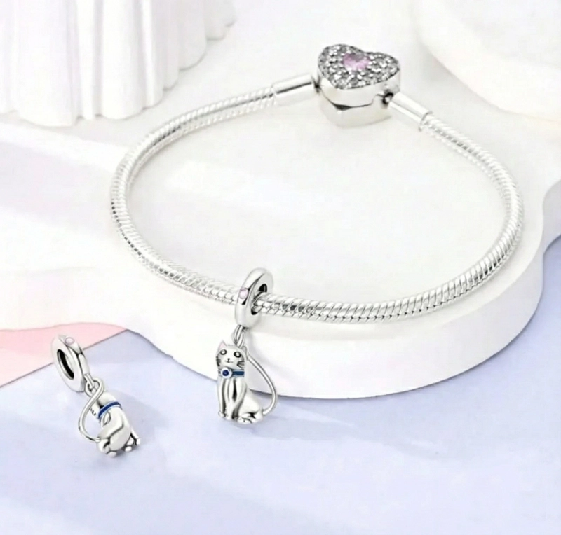 CHARM DIJE PLATA 925 GATO SENTADO COLLAR AZUL - 3