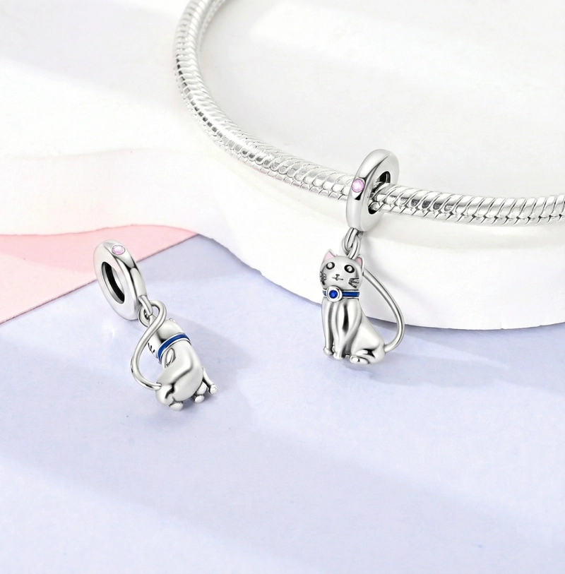 CHARM DIJE PLATA 925 GATO SENTADO COLLAR AZUL - 4
