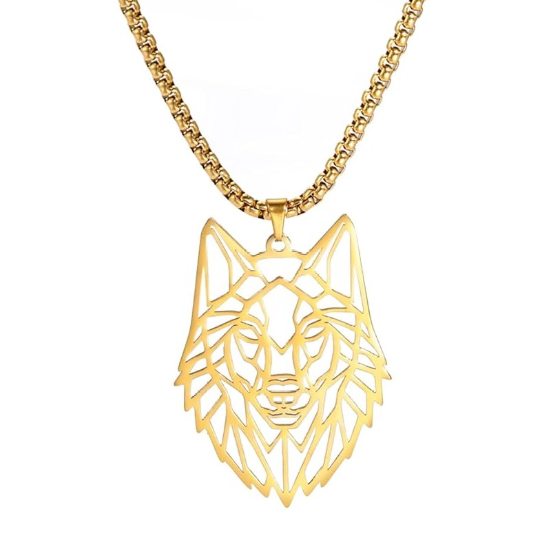 COLLAR CABEZA LOBO WOLF ACERO GEOME TRICO DORADO - 1