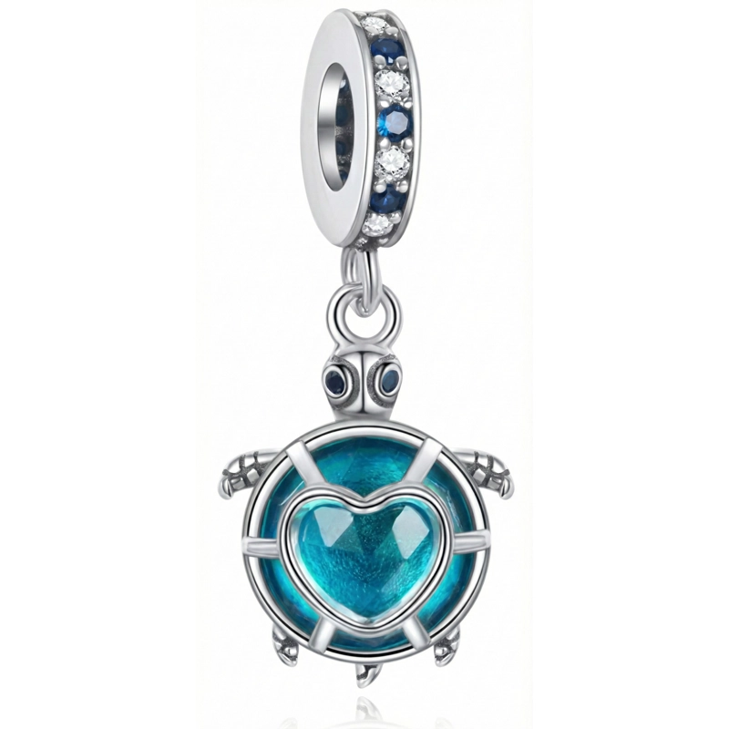 CHARM DIJE COLGANTE PLATA 925 TORTUGA AZUL CORAZON - 1