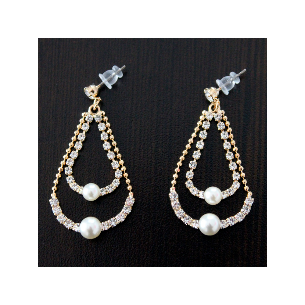 AROS ACERO LIA VICTORIA COLGANTES LARGOS CON PEDRERIA PERLA DORADO - 1