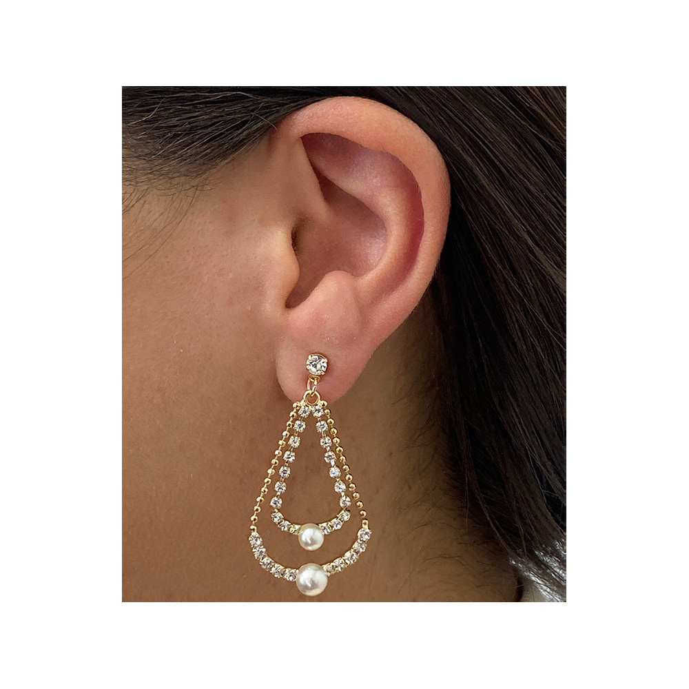 AROS ACERO LIA VICTORIA COLGANTES LARGOS CON PEDRERIA PERLA DORADO - 2