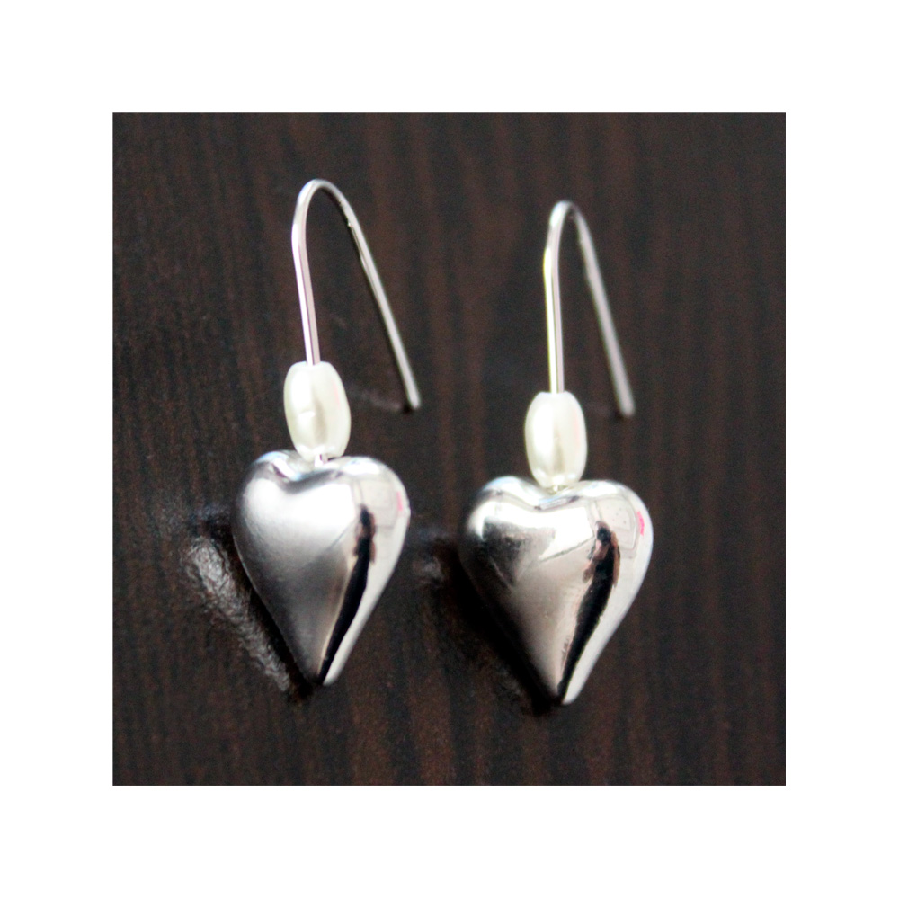 AROS ACERO LIA VICTORIA CORAZON Y PERLA COLGANTES COLOR PLATEADO - 1