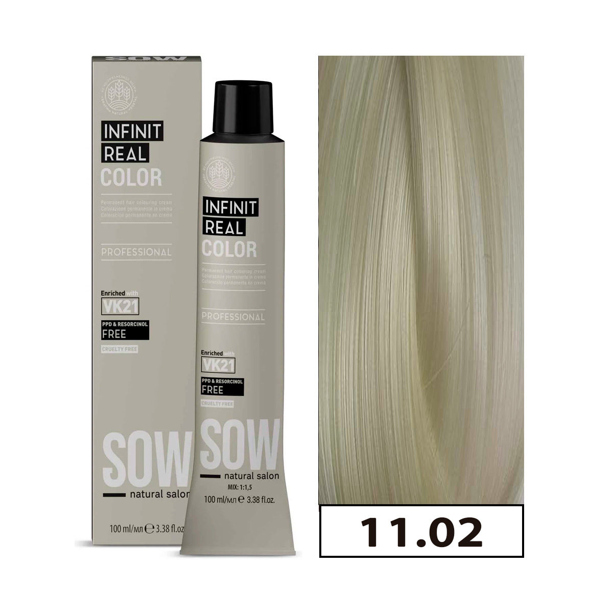 TINTURA SOW PERMANENTE BAJO AMONIACO VK21 100 ML + OXIDANTE 11.02 RUBIO PLATINO PERLA - 1