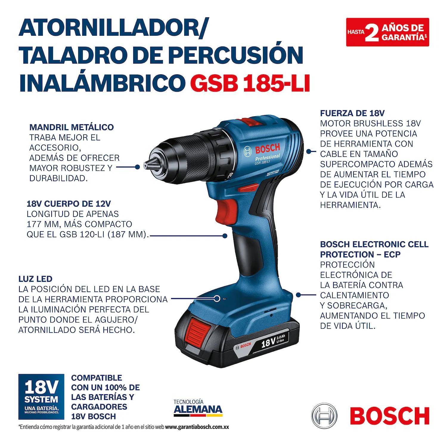 TALADRO PERCUTOR BOSCH 18V GSB 185-LI + 2 BAT 2.0 AH + CARG + MALETIN - 3