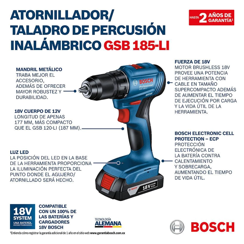 TALADRO PERCUTOR BOSCH GSB 185 LI 18V BRUSHLESS - 10