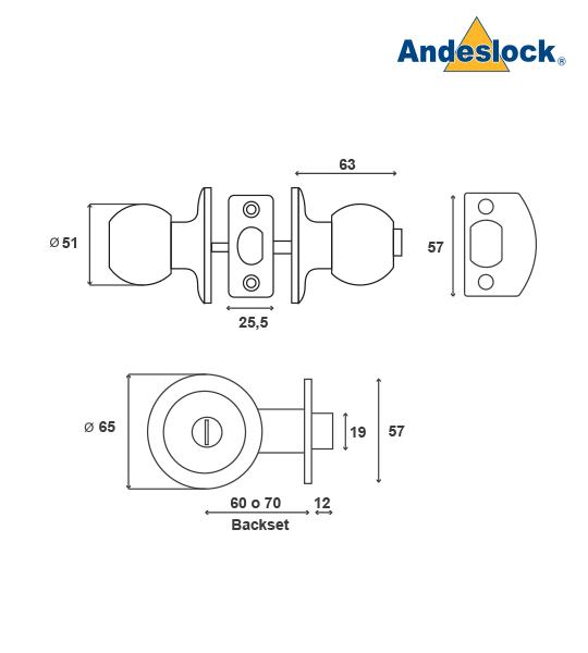 CERRADURA ANDESLOCK POMO-DORMITORIO / BAÑO AA44-ACERO INOXIDABLE - 2