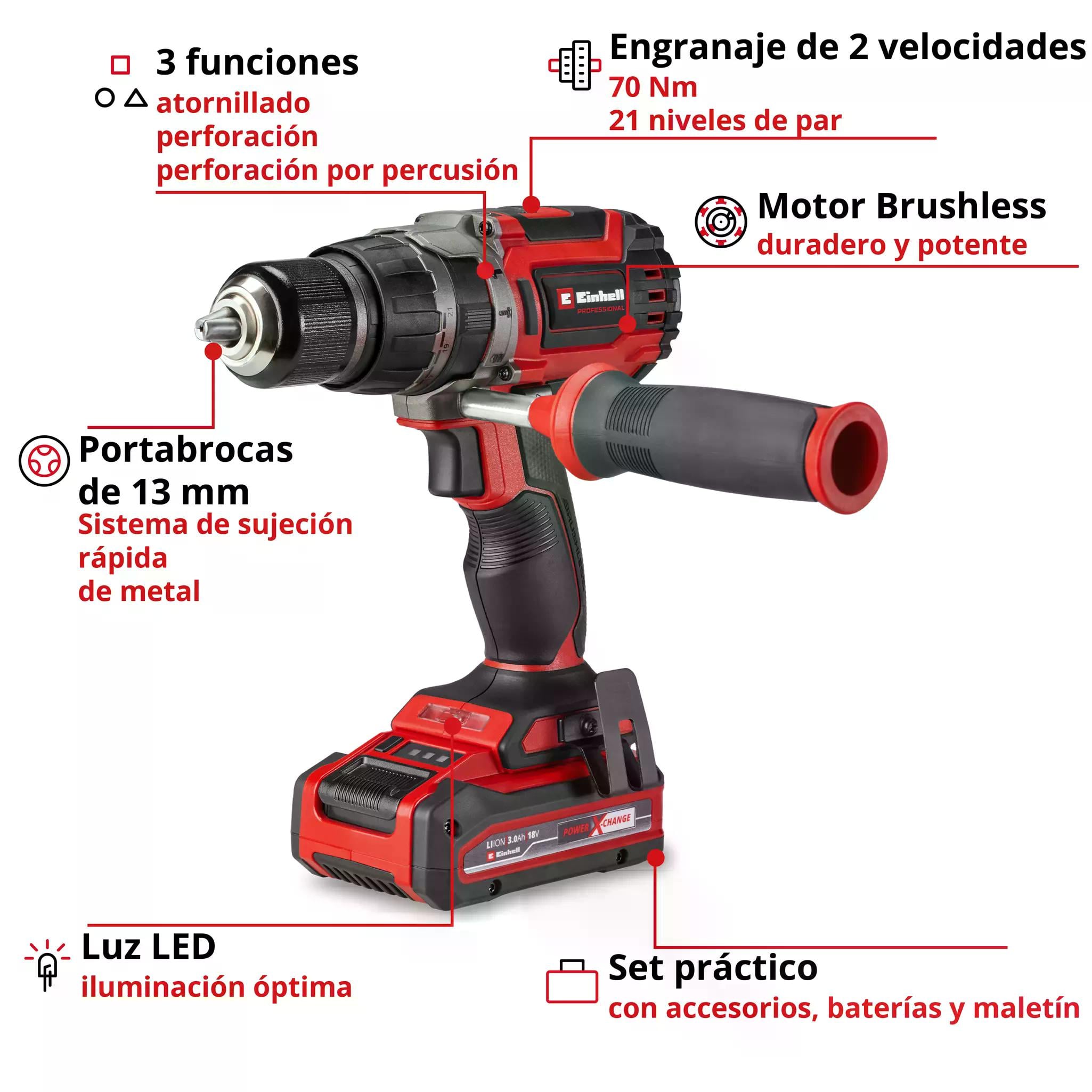 TALADRO EINHELL TP-CD 18/70 + 1 BAT 2 A + 1 BAT 3 A + 70 ACC - 4