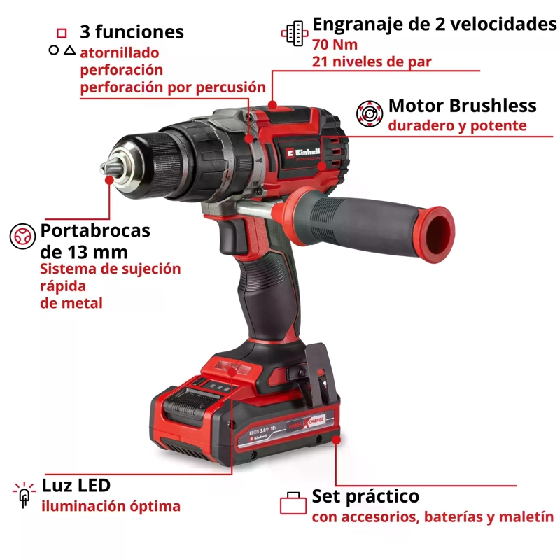 TALADRO EINHELL TP-CD 18/70 + 1 BAT 2 A + 1 BAT 3 A + 70 ACC - 4