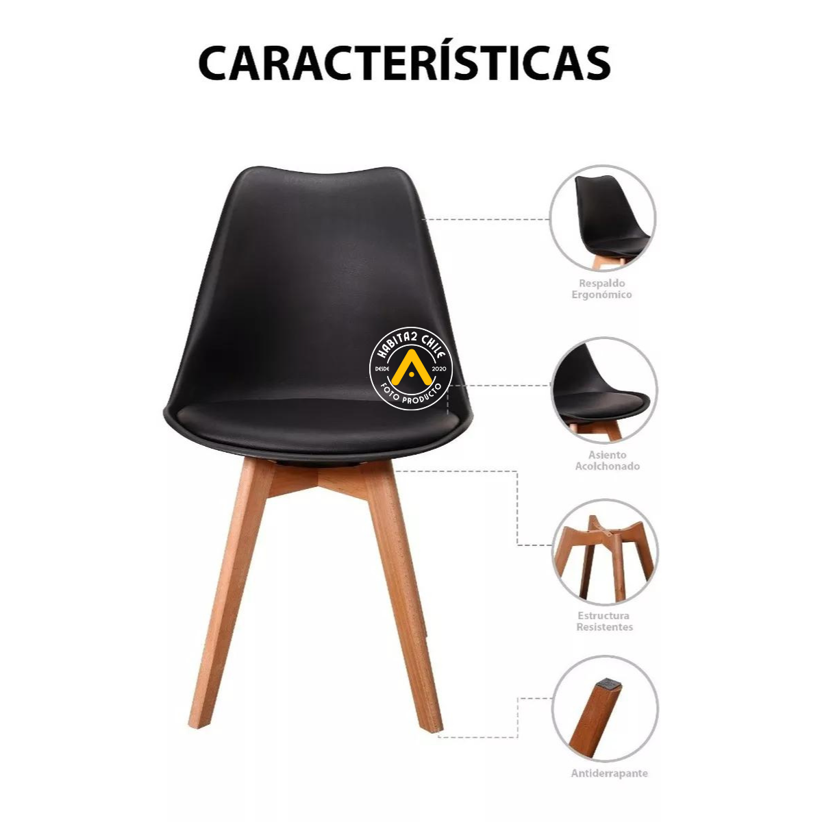 SILLA COMEDOR HABITA2 TULIP NEGRO PACK 6 ASIENTO ACOLCHADO - 3