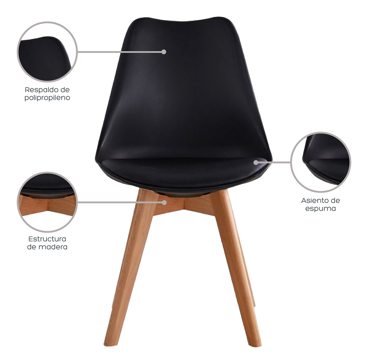 SILLA COMEDOR HABITA2 TULIP NEGRO PACK 6 ASIENTO ACOLCHADO - 7