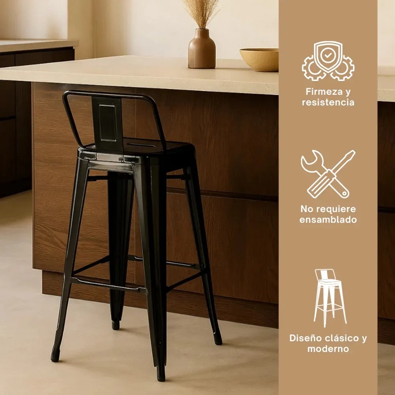 TABURETES HABITA2 TOLIX METÁLICOS NEGRO PACK 2 CON RESPALDO 66 CM - 2