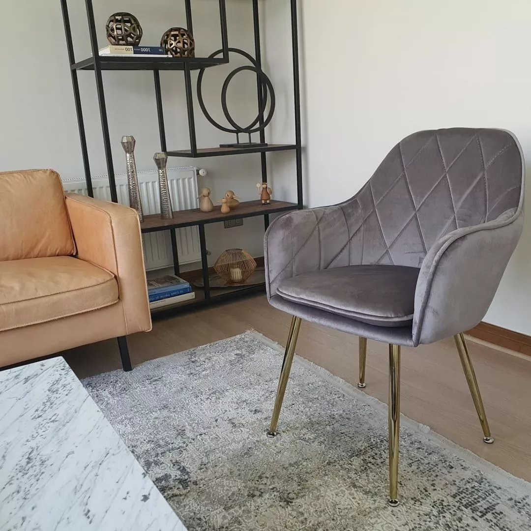 SILLA POLTRONA O SITIAL HABITA2 TERCIOPELO DISEÑO ROMBO DIAMANTE PATAS DORADAS LUX - 2