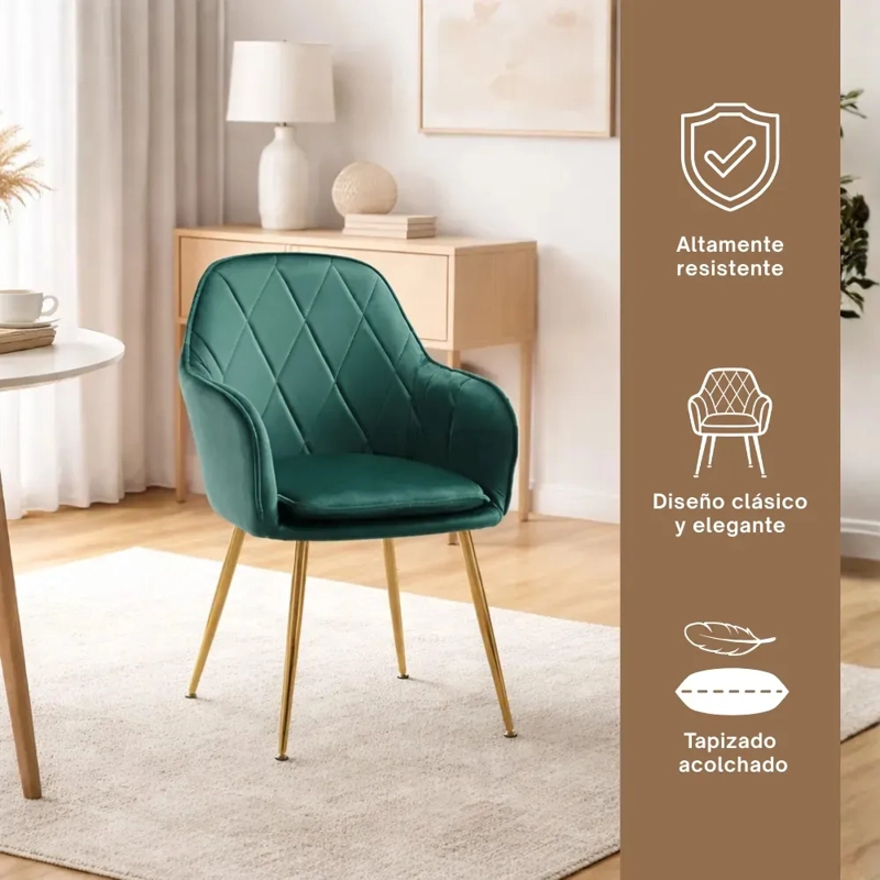 PACK 2 SILLA POLTRONA O SITIAL DE TERCIOPELO DISEÑO ROMBO DIAMANTE VERDE PARAS DORADAS LUX - 2