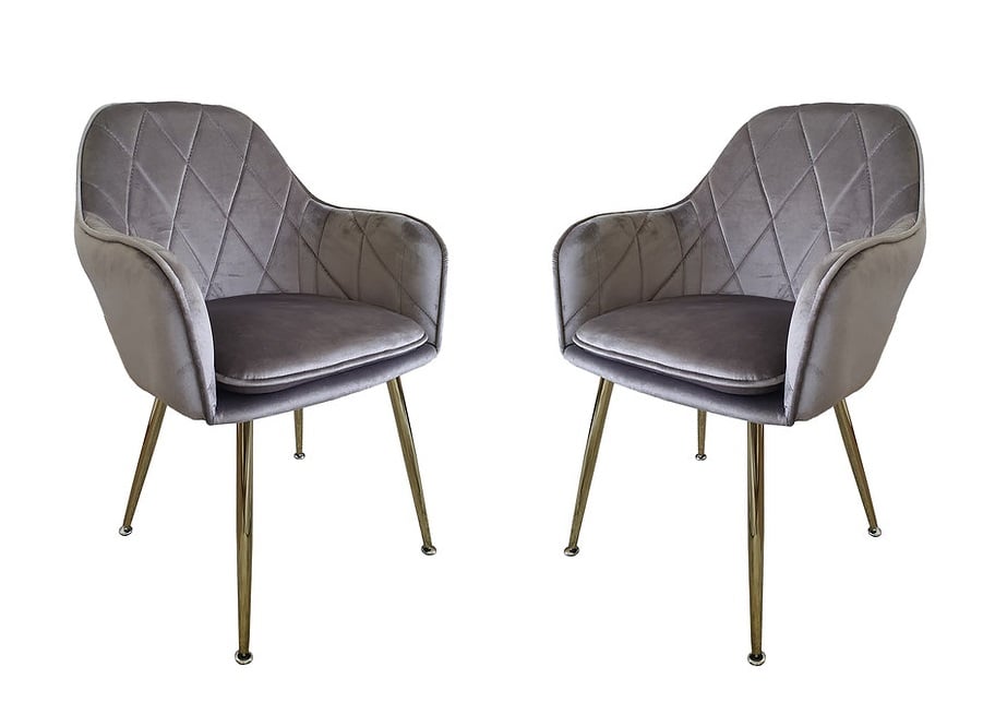 PACK HABITA2 TERCIOPELO GRIS 2 SILLA POLTRONA O SITIAL DE DISEÑO ROMBO DIAMANTE PATAS DORADAS LUX - 1