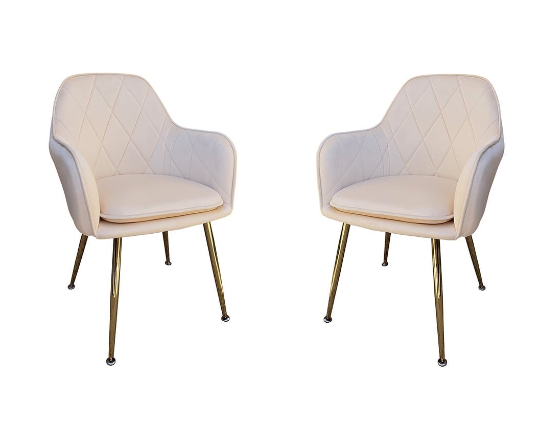 PACK HABITA2 TERCIOPELO BEIGE 2 SILLA POLTRONA O SITIAL DE DISEÑO ROMBO DIAMANTE PATAS DORADAS LUX - 1
