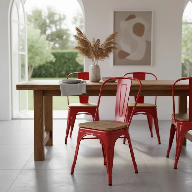 PACK HABITA2 ROJO 6 SILLA TOLIX CON ASIENTO DE MADERA CLARA - 3