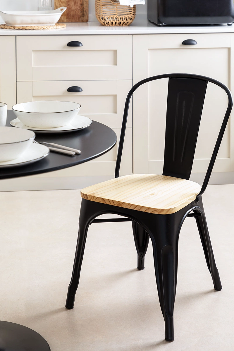 PACK 4 SILLA TOLIX CON ASIENTO DE MADERA CLARA NEGRO - 2