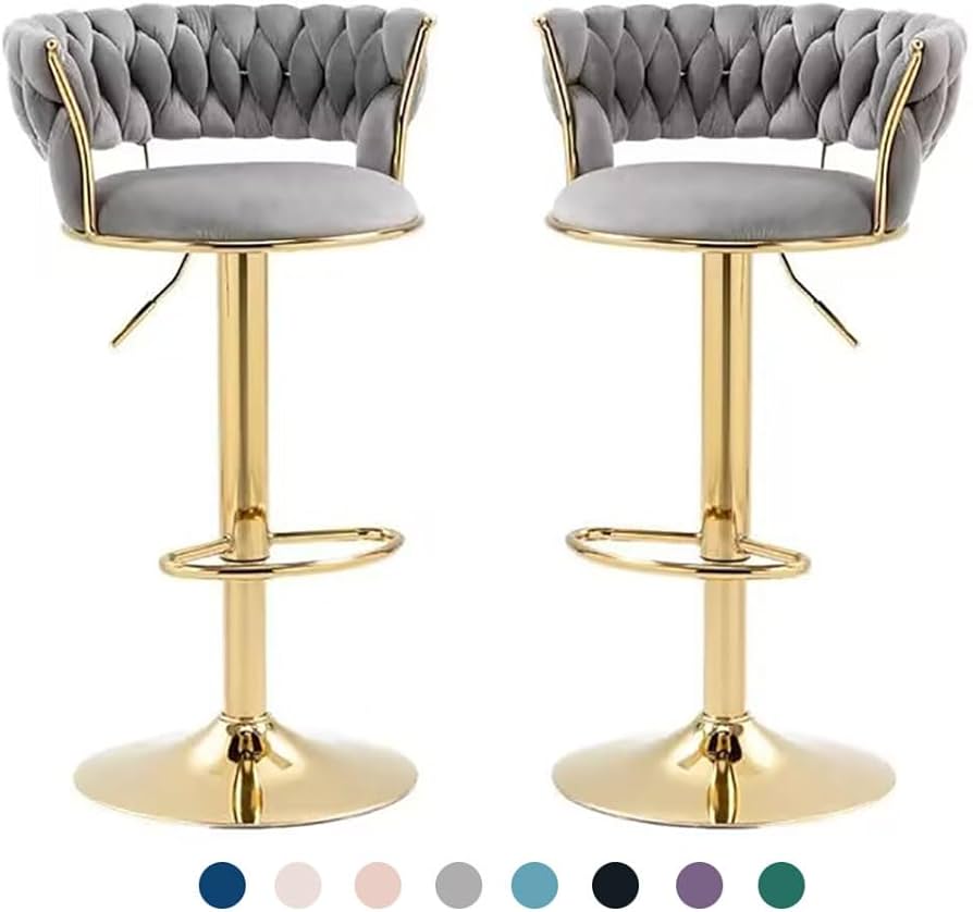 PACK 2 SILLA DE BAR QUEEN AJUSTABLE DORADO CON COJIN ACOLCHADO TERCIOPELO GRIS - 1