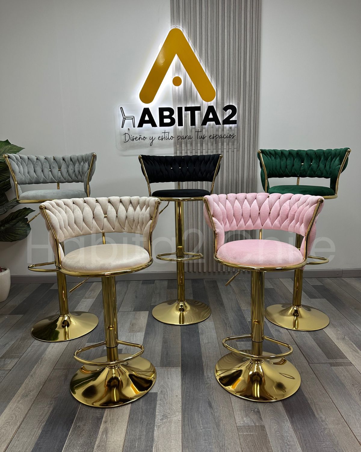 PACK 2 SILLA DE BAR QUEEN AJUSTABLE DORADO CON COJIN ACOLCHADO TERCIOPELO GRIS - 5