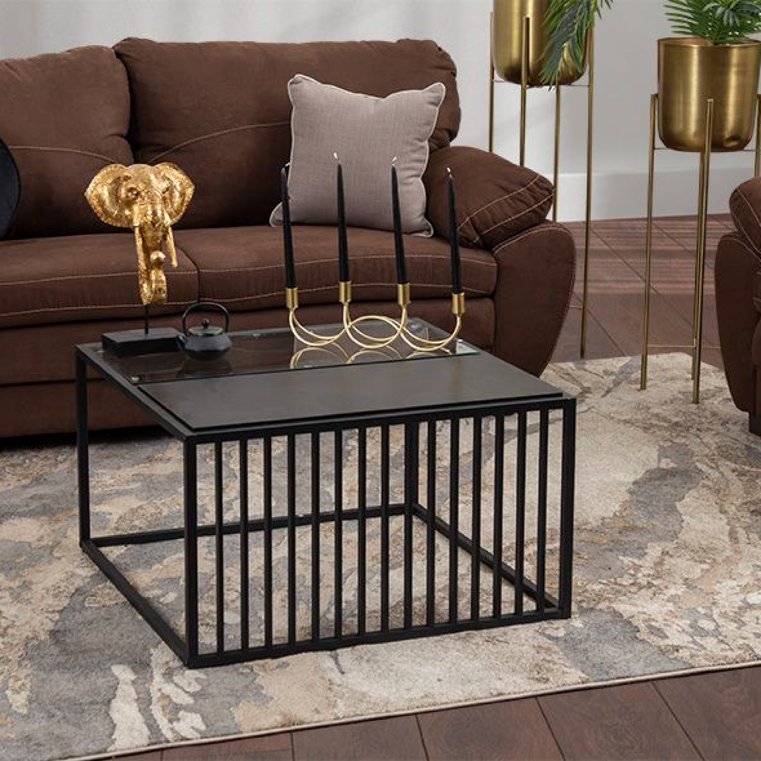 MESA DE CENTRO LUJOSA ACERO INOXIDABLE VIDRIO ENREJADO NEGRO DISEÑO BLACK - 3