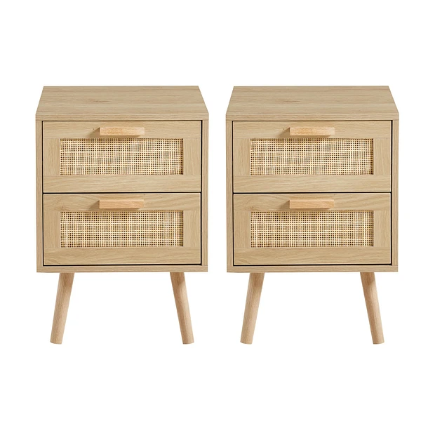 PACK 2 VELADORES O MESAS DE NOCHE DOBLE CAJON RATTAN MADERA CLARA - 1