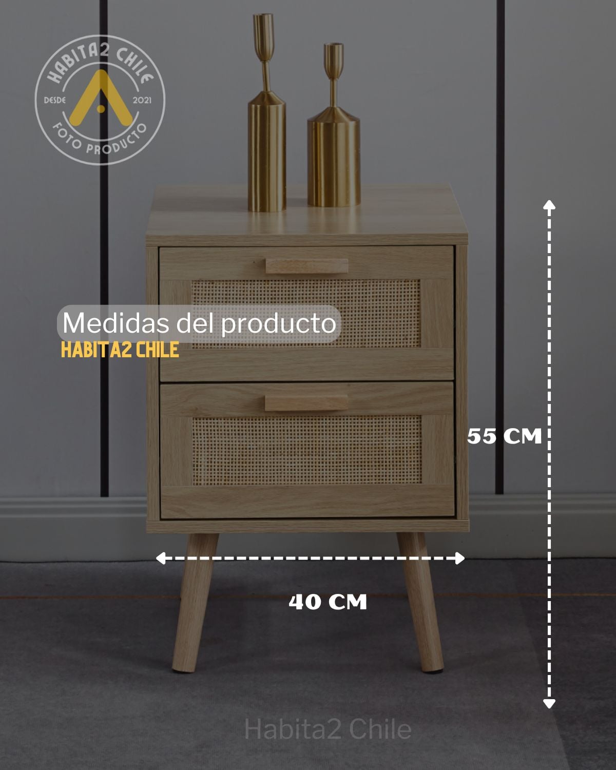 PACK 2 VELADORES O MESAS DE NOCHE DOBLE CAJON RATTAN MADERA CLARA - 2