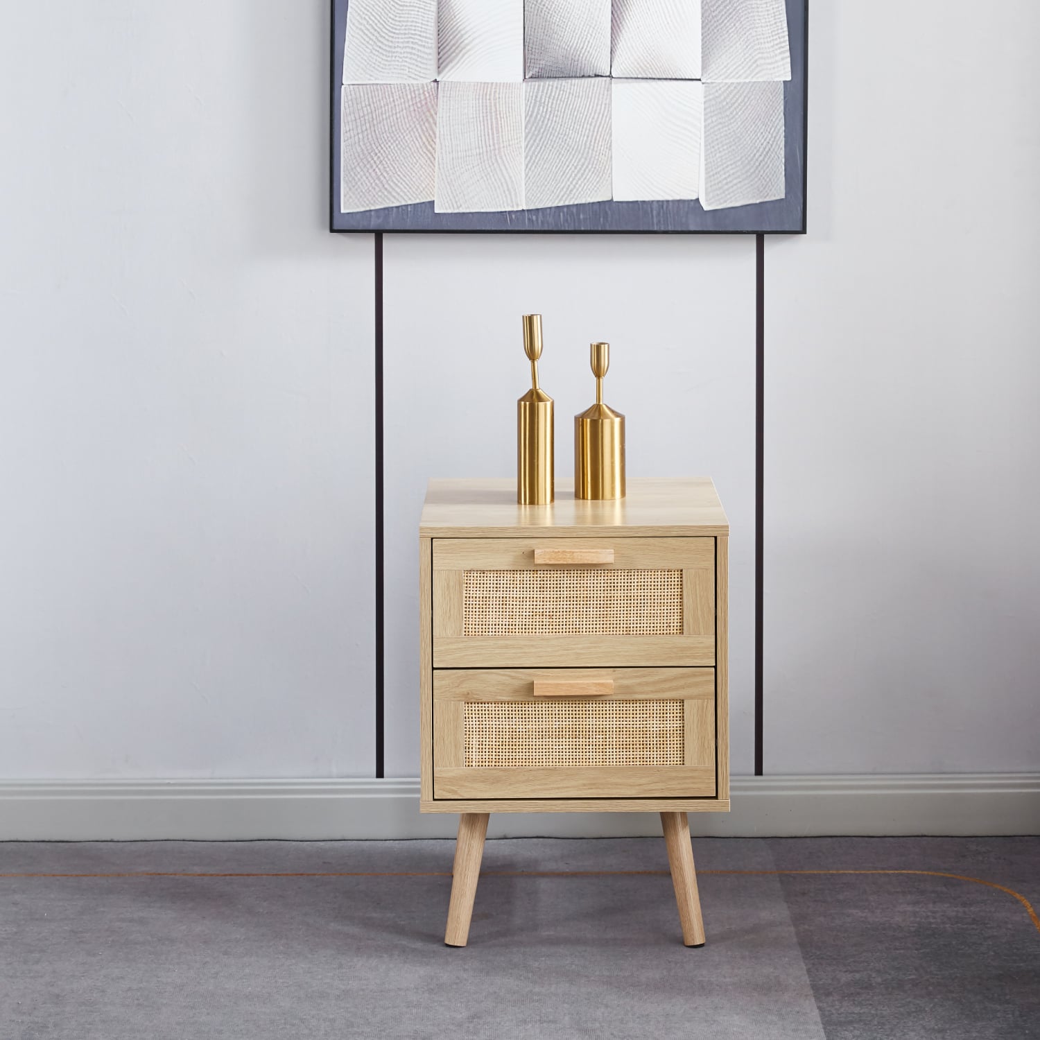 PACK 2 VELADORES O MESAS DE NOCHE DOBLE CAJON RATTAN MADERA CLARA - 4