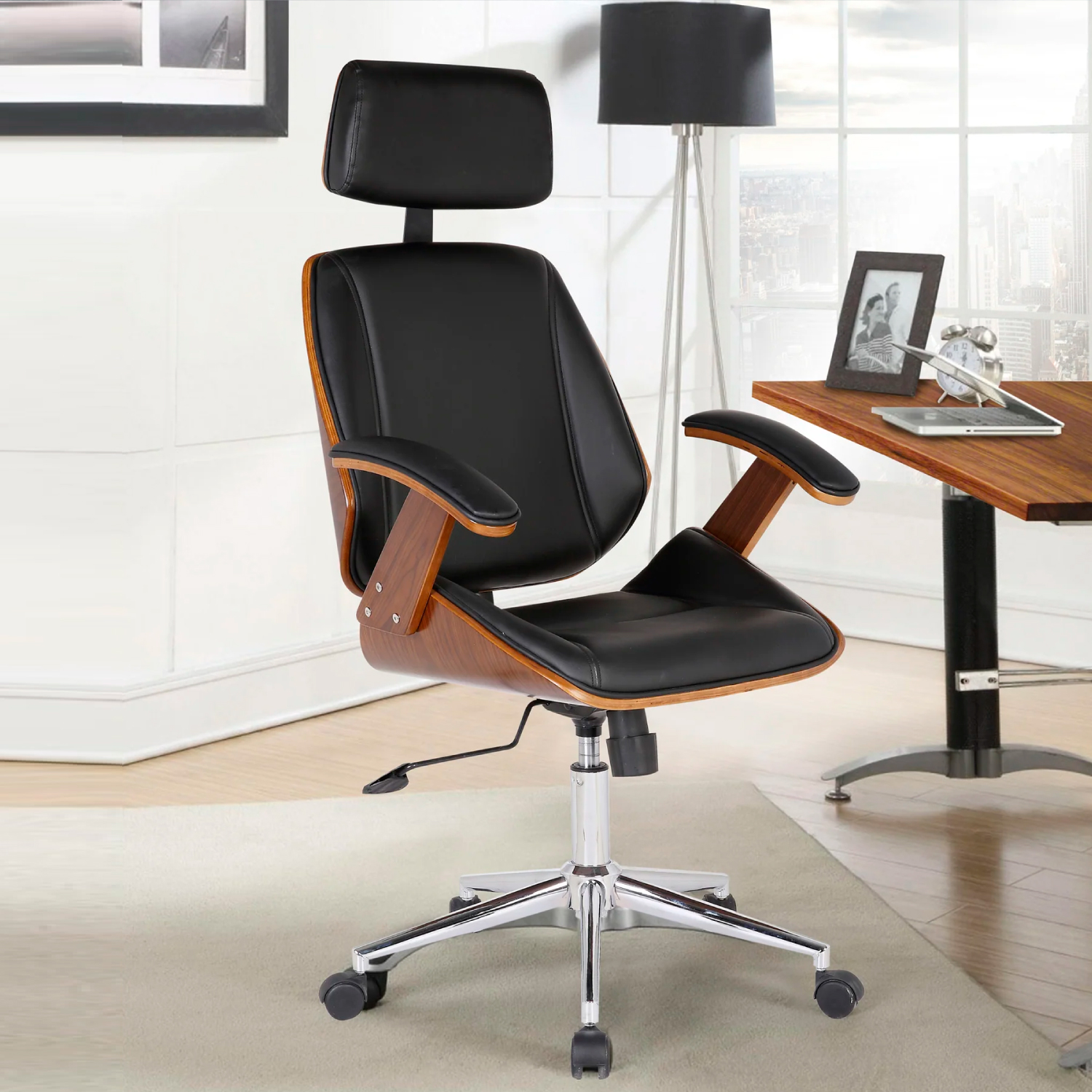 SILLA DE ESCRITORIO ERGONOMICA GIRATORIA TAYLOR NEGRO CON APOYABRAZOS MADERA Y RESPALDO CABEZA - 6