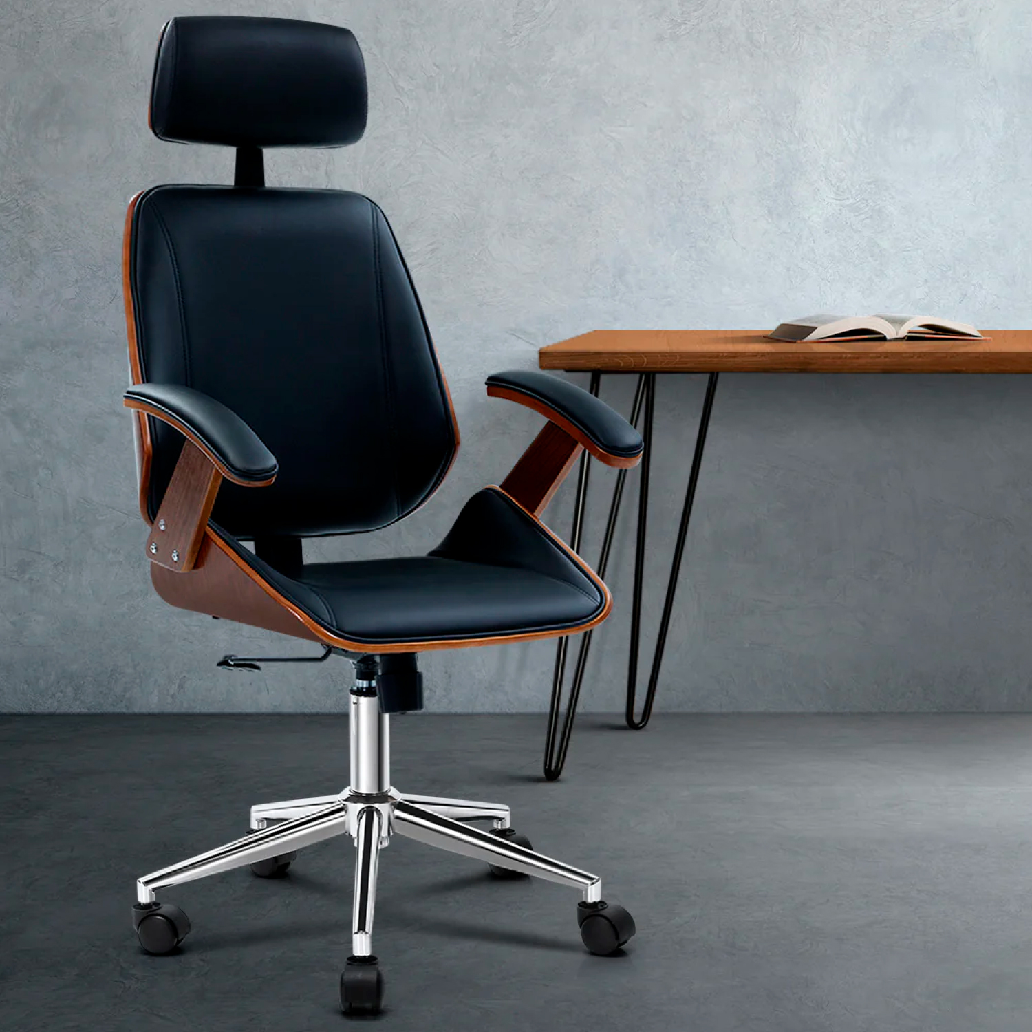 SILLA DE ESCRITORIO ERGONOMICA GIRATORIA TAYLOR NEGRO CON APOYABRAZOS MADERA Y RESPALDO CABEZA - 7