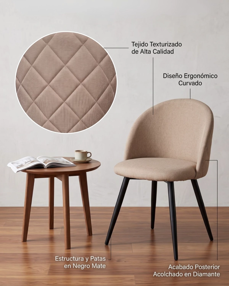 PACK 4 SILLAS DE COMEDOR NORDIC TAPIZ LINO DIAMANTE - BEIGE - 5