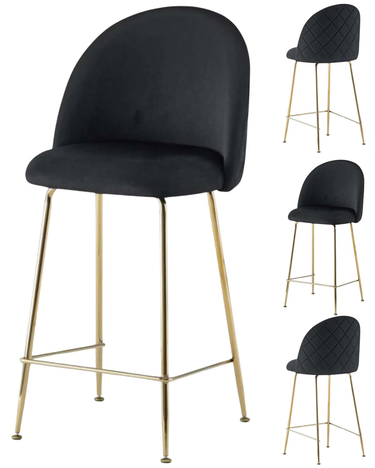 PACK 4 SILLAS DE BAR TABURETES DE BAR 66 CM DELUXE GOLD TAPIZ TERCIOPELO - NEGRO - 1