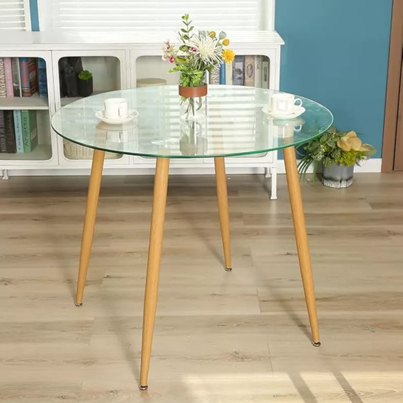 MESA REDONDA DE VIDRIO 120CM MINIMALISTA - PATAS SIMIL MADERA - 2