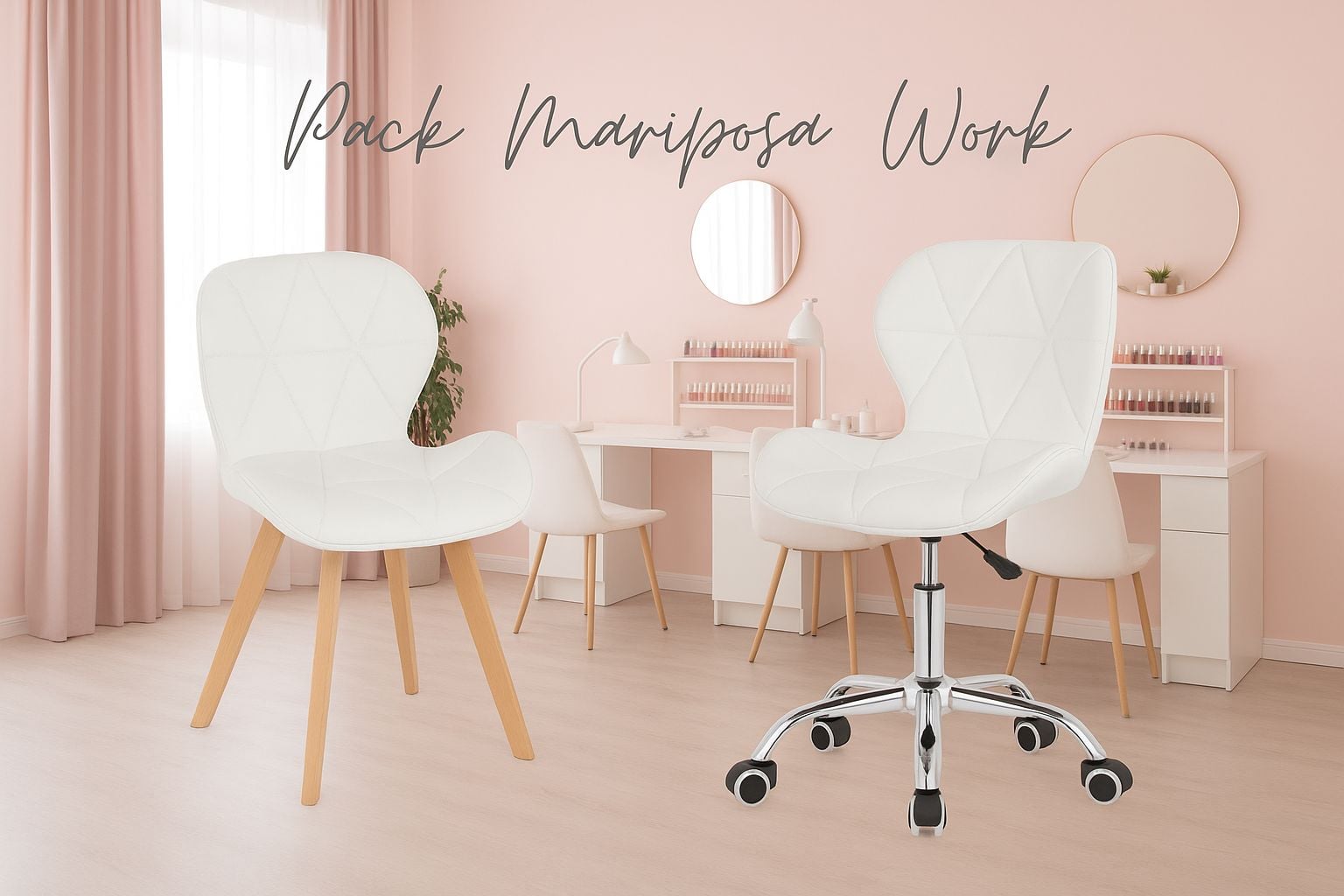 PACK 2 SILLAS WORK MARIPOSAS SILLA ALTURA AJUSTABLE CON RUEDAS + SILLA FIJA BASE MADERA - BLANCO - 2